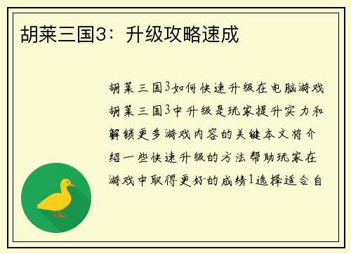 胡莱三国3：升级攻略速成